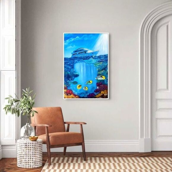 Original Oil Painting 18x24 Seascape Underwater Yachts Marine Life Canvas Art - Picture 5 of 8